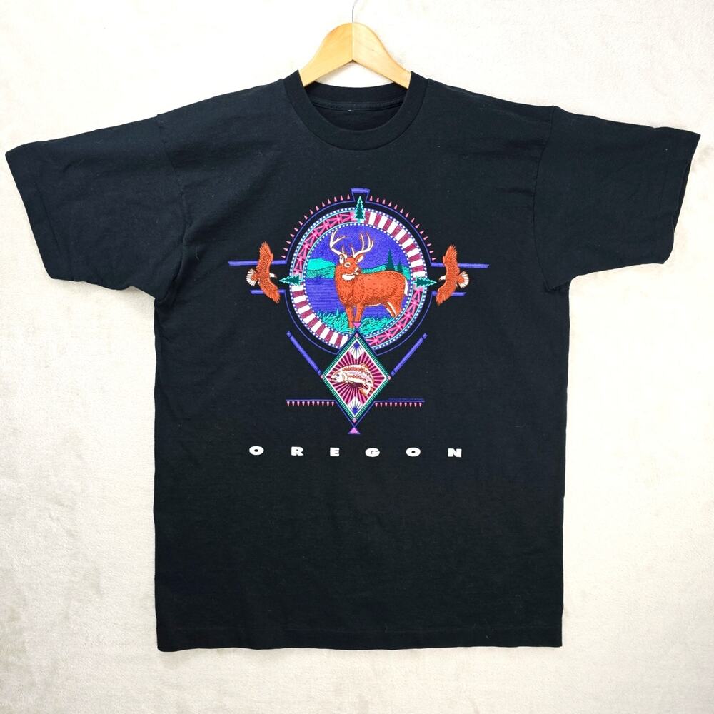 Vintage Heartland Apparel Oregon Shirt XL Black Deer Nature Puff Paint Aztec 90s